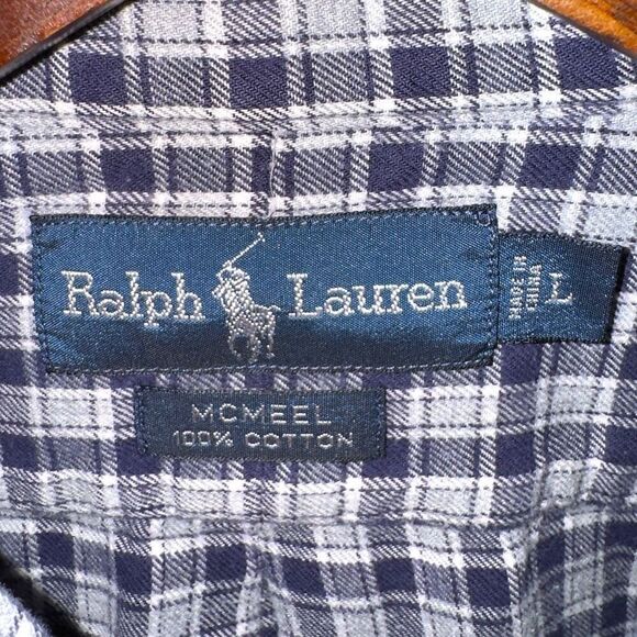 Navy Polo Ralph Lauren Mcteel Flannel Button Down Shirt Size L - Picture 2 of 7